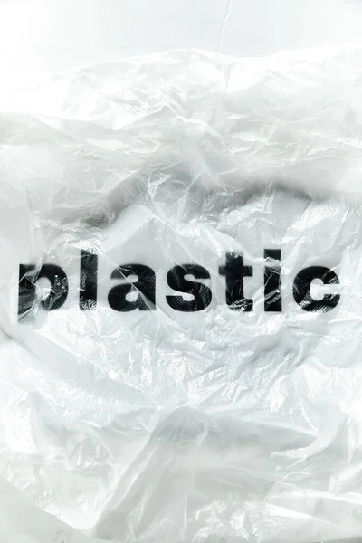 Nero Parola Plastica Sul Sacchetto Plastica Monouso Bianco Trasparente Immagine — Foto Stock