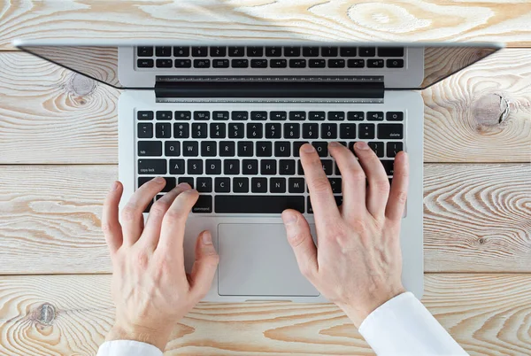 Top View Man Hands Typing Laptop Sunny Day Coworking Working — Stock Photo, Image