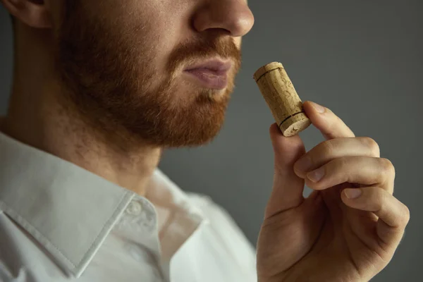 Close Image Sommelier Examining Smell Wine Cork — Stock Photo, Image