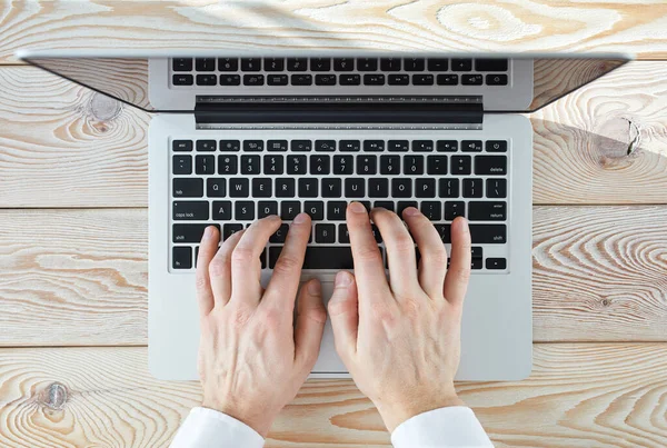 Top View Man Hands Typing Laptop Sunny Day Coworking Working — Stock Photo, Image