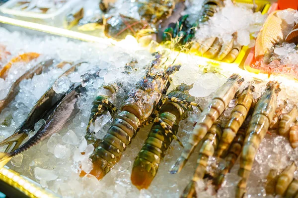 Frutos do mar frescos no congelador com gelo na noite marca Tailândia — Fotografia de Stock