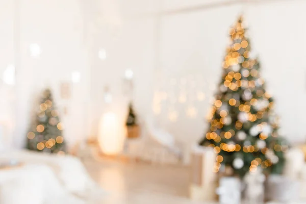 Gyönyörű nyaralás díszített szoba karácsonyfával és világos fények, a fókusz lövés fotós háttér. Homályos karácsonyi háttér Stock Kép