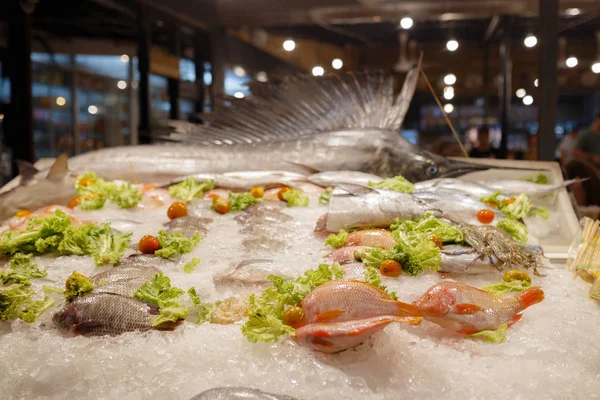 Frutos do mar frescos no congelador com gelo na noite mercado Tailândia — Fotografia de Stock