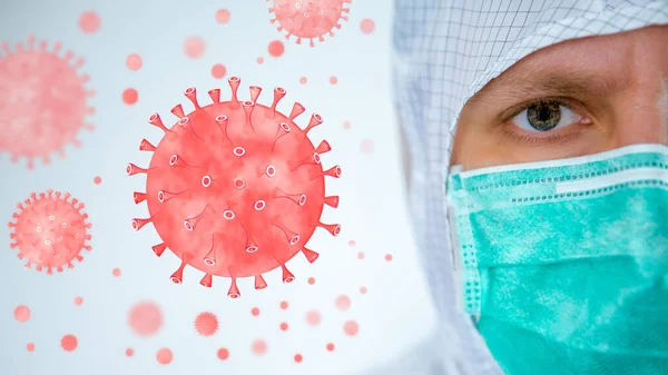 Hombre Caucásico Con Traje Protector Máscara Con Peligrosas Células Coronavirus — Foto de Stock