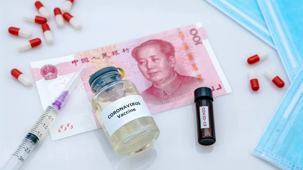 Cost of coronavirus vaccine, virus in China. Chinese bill for Covid-19 vaccination. Speculation and business with vaccine and pills. Disease 2019 from Wuhan. Corona virus Pandemic infectious money.