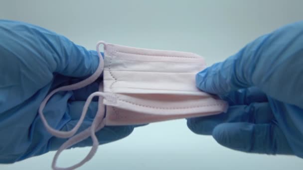 Pov Hands Blue Gloves Putting Medical Face Mask Protect Upper — Stock Video