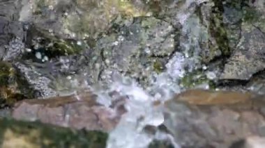 Yosunlu kayaların üzerinden akan nehrin yavaş hareketi. Ormandaki dağ nehri. Nehirler kayaların üzerinden akar. Akıntılı derenin güzel doğa sahnesi - Dan