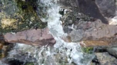 Yosunlu kayaların üzerinden akan nehrin yavaş hareketi. Ormandaki dağ nehri. Nehirler kayaların üzerinden akar. Akıntılı derenin güzel doğa sahnesi - Dan
