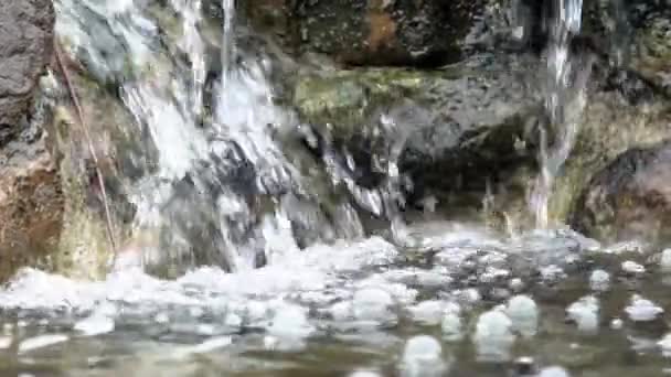 溪流在苔藓岩之上缓慢流动 森林里的山河 河流流过岩石 溪流激流中美丽的自然景观 — 图库视频影像