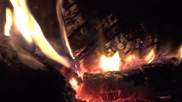 Kamin Mit Heißem Röhrendem Feuer Und Roten Kohlen Brennendes Holz — Stockvideo