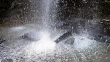 4K, şahıs çekimlerinde kanyon ve şelalelerden geçerken ve geçerken görülüyor. Tropikal bitki örtüsü ve ormanın derinliklerindeki güzel şelaleli bakir vahşi doğada spor.