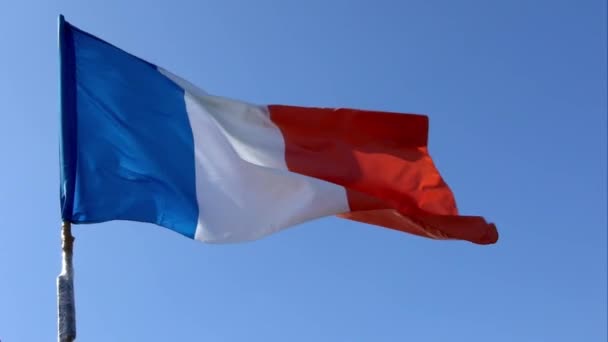 Movimiento Lento Bandera Francesa Ondeando Viento Asta Bandera Una Ciudad — Vídeos de Stock