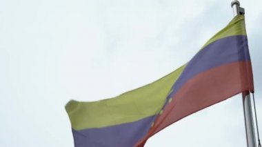 Kuala Lumpur şehrinde bulutlu bir havada bayrak direğinde dalgalanan Malezya bayrağının yavaş hareketi. Malezya bayrağı karanlık gökyüzünde dalgalanıyor. Gerçek bir kumaş dokusunu kapat Asteğmen çırpınan Dan