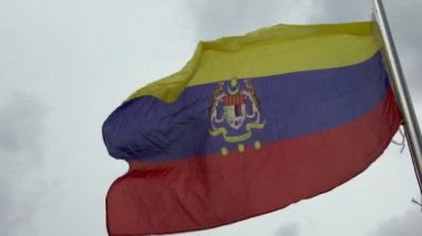 Kuala Lumpur şehrinde bulutlu bir havada bayrak direğinde dalgalanan Malezya bayrağının yavaş hareketi. Malezya bayrağı karanlık gökyüzünde dalgalanıyor. Gerçek bir kumaş dokusunu kapat Asteğmen çırpınan Dan