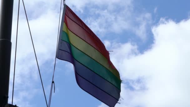 Slow Motion Lgbt Flag Waving Wind Flagpole Amsterdam City Gay — Stock Video