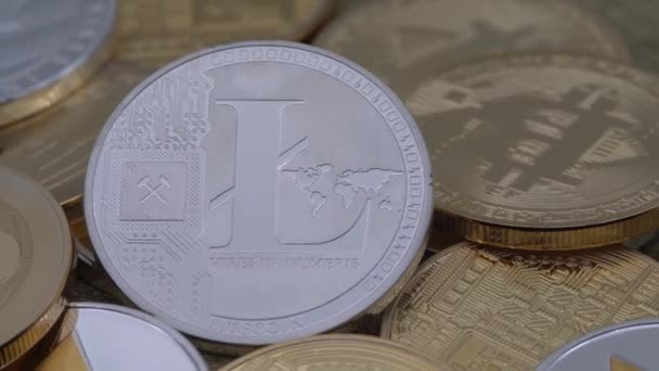 Φυσικό Μέταλλο Ασήμι Litecoin Νόμισμα Περιστρέφεται Πάνω Από Άλλα Νομίσματα — Αρχείο Βίντεο