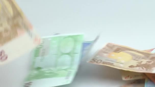 Slow Motion Euros Flying Falling Banknotes Different Values Fly Euro — Stock Video