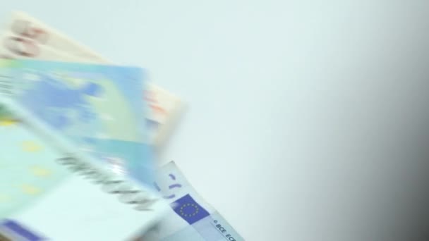 Slow Motion Euros Flying Falling Banknotes Different Values Fly Euro — Stock Video