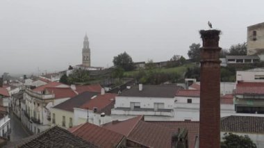 4K Stork, İspanya 'nın güneybatısındaki Badajoz eyaletinde yer alan Jerez de los Caballeros kasabasında yağmurlu bir günde yuvada. - Dan.