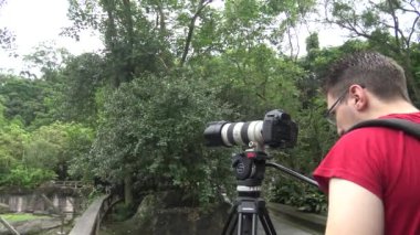 Beyaz fotoğrafçı DSLR kamerasıyla fotoğraf çekiyor. Turist seyahat fotoğrafçısı parktaki doğayı fotoğraflıyor.