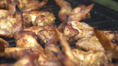 Izgarada lezzetli tavuk kanatları olan ızgara ızgaranın Yavaş Hareketi. Fırında sıcak ve baharatlı tavuk kanadı pişiriyorum. Bahçe mangalında ızgara mangalla pişirilmiş lezzetli yemekler.