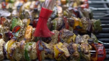 Yavaş Aşçı, sosla kaplanmış mangalda leziz şişler. Izgara et üzerinde brochette pişirmek. Izgara ızgarayla pişirilen yemekler. Dan evinin arka bahçesinde yemek pişiren adam.