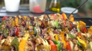 Şef ızgara etle barbekü pişiriyor. Arka bahçedeki barbeküde çok lezzetli bir brochette. Dan Evi 'nin bahçesinde ızgara barbeküyle pişirilen yemekler.