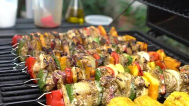 Yavaş Aşçı ızgara et şiş ile barbekü pişiriyor. Arka bahçedeki barbeküde çok lezzetli bir brochette. Dan Evi 'nin bahçesinde ızgara barbeküyle pişirilen yemekler.