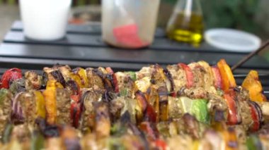 Yavaş Aşçı ızgara et şiş ile barbekü pişiriyor. Arka bahçedeki barbeküde çok lezzetli bir brochette. Dan Evi 'nin bahçesinde ızgara barbeküyle pişirilen yemekler.