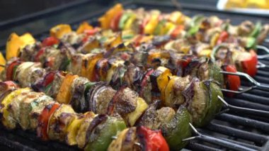 Yavaş Aşçı ızgara et şiş ile barbekü pişiriyor. Arka bahçedeki barbeküde çok lezzetli bir brochette. Dan Evi 'nin bahçesinde ızgara barbeküyle pişirilen yemekler.