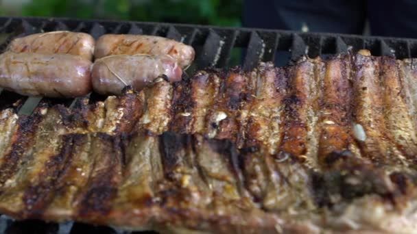 천천히 움직이는 바비큐에 맛있는 고기를 곁들인 소세지 Bbq 스페인 스토라 — 비디오