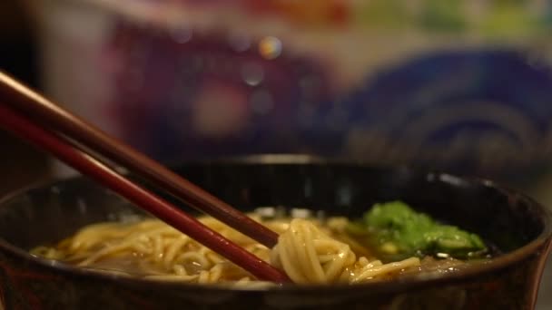 Slow Motion People Eating Bowl Beef Noodles Dinner Asian Restaurant — Stock Video