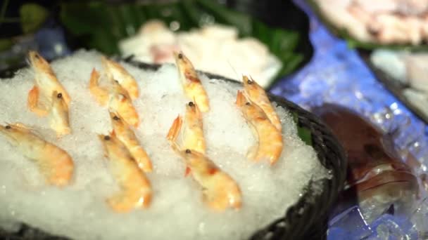 Fresh Raw Seafood Buffet Line Taiwan Prawns Ice Ready Grill — Stock Video