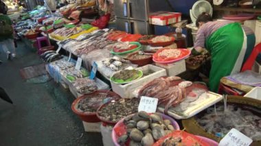 Busan, Güney Kore-02 Temmuz 2017: 4K Güney Koreli Kadın Gukje Uluslararası Market Busan caddesinde deniz ürünleri pazarında taze soğumuş ahtapot satıyor. Satıcılar Güney Kore-Dan 'de taze yiyecek satıyorlar.