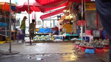 Busan, Güney Kore-01 Temmuz 2017: 4K Güney Kore halkı bir deniz ürünleri pazarında Jagalchi Balık Pazarı Busan caddesinde taze yiyecek satıyor. Satıcılar Güney Kore-Dan 'de taze yiyecek satıyorlar.