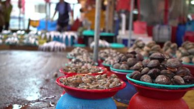 4K, Güney Koreli satıcı Jagalchi Balık Pazarı 'nda midye satıyor. Deniz ürünleri pazarındaki satıcılar ve Asyalılar Busan, Güney Kore-Dan sokaklarında taze yiyecek satıp satın alıyorlar.