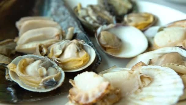 Piatto Vongole Fresche Ristorante Sudcoreano Vicino Mercato Dei Frutti Mare — Video Stock