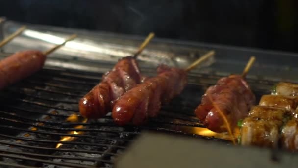 スローモーションベンダーは スチールグリルナイトマーケット通りに台湾ソーセージを調理します バーベキューを焼く肉を調理しました 木炭の炎 おいしいグリル料理 中国のホットドッグスナックアジアの屋台ダン — ストック動画