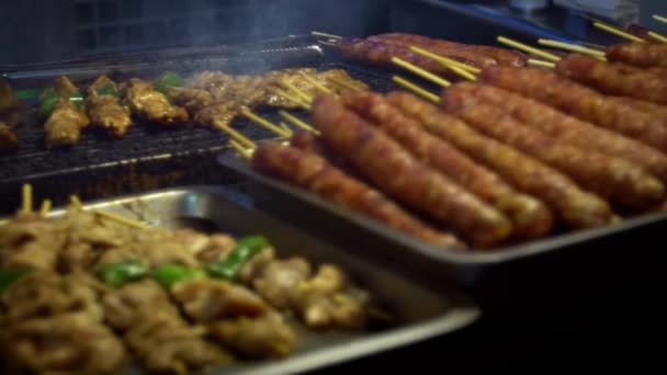 スローモーションベンダー串に台湾鶏料理 スチールグリルナイトマーケット通り バーベキューを焼く肉を調理しました おいしいファーストフードアジア スティックに伝統的な中国のスナック アジア屋台ダン — ストック動画