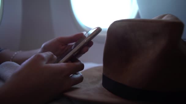 Asian Woman Holding Smartphone Hands Flight Young Traveller Sit Plane — Stock Video