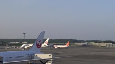 Japonya-07 Temmuz 2017: 4k, yer ekibi Tokio Uluslararası Havaalanı Havaalanı Terminali 'ne uçmak için bir uçak hazırlamakla meşgul. Trafik hareketleriyle en yoğun havaalanındaki uçağı görüntüle