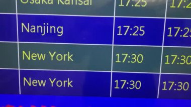 4K, New York uçakları iptal edildi. Koronavirüs salgını yüzünden tüm uçuşlar iptal edildi. Ekran zaman çizelgesi bilgileriyle uluslararası terminal kalkışı. Covid19-Dan