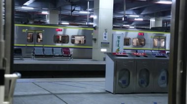 Tayvan 'da bir tren istasyonundan geçen iki tren, gezgin bir trenin içini görür, tren Puyuma Express-TEMU2000-Electric Çoklu Birim, Yüksek Sınıf Yolcu Treni ve EMU700-Banliyö treni Dan' dir.