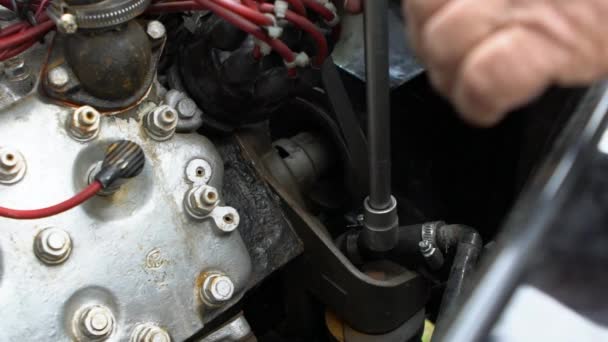 Slow Motion Mechanic Repairs Old Motor Vintage Car Repair Station — Stock Video