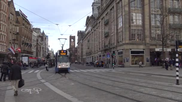 Амстердам Нідерланди Грудня 2015 Трамваї Туристи Перетинають Вулицю Амстердамі Голландія — стокове відео