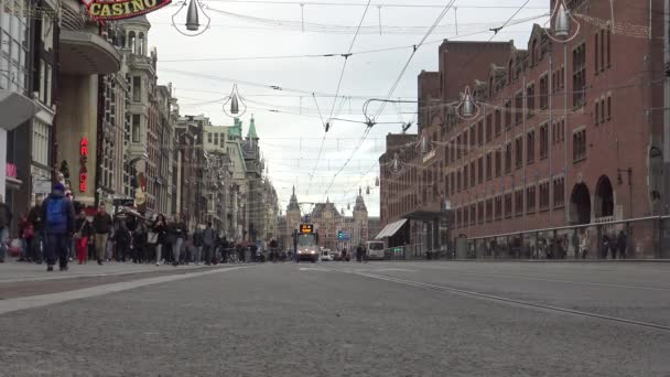 Amsterdam Holandia Grudnia 2015 Tramwaje Turyści Przejeżdżający Przez Ulicę Amsterdamie — Wideo stockowe
