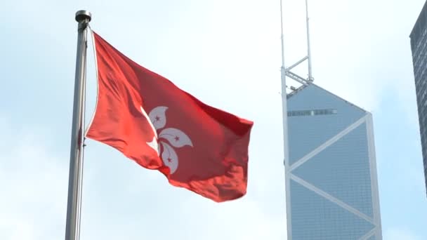 Bandeira Câmera Lenta Hong Kong Acenando Vento Com Fundo Bank — Vídeo de Stock