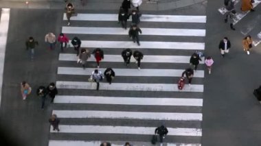 Tokyo, Japonya-02 Şubat, 2020: 4K, yaya geçidi kalabalığından oluşan bir hava manzarası. Asyalıların, yerlilerin ve turistlerin en yoğun yol kavşağında yürüdükleri yerden manzara yükseldi. - Dan.