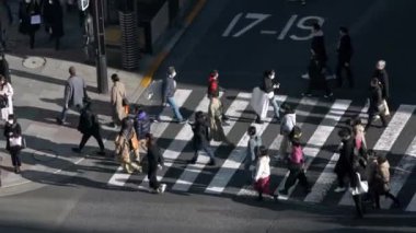 Tokyo, Japonya-02 Şubat 2020: Gün batımının ışığıyla kavşakta kalabalık bir yaya geçidinin manzarası yükseldi. Gün ortasında Asya 'da. Metropolitan Şehir-Dan