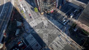 Tokyo, Japonya-02 Şubat 2020: 4K, trafik arabaları ve gün batımında yaya geçidi kalabalığı üzerinde hava manzarası. Asyalıların en işlek yol kavşağında yürümelerine karşı yüksek görüş.